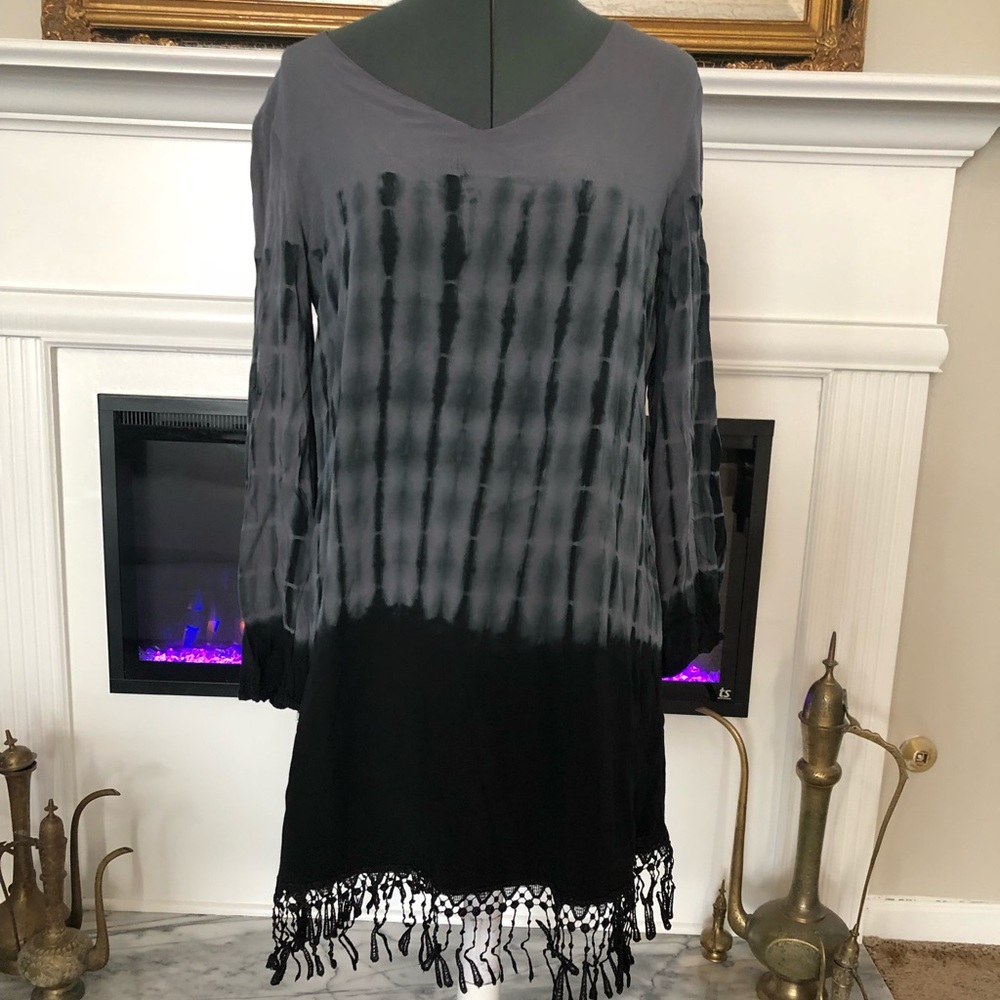 Fringed Black & Grey Tie-Dyed Blouse - Size M